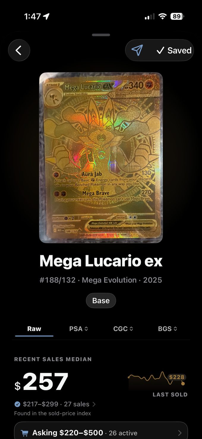 Pokémon card detail with recent sales median and asking range
